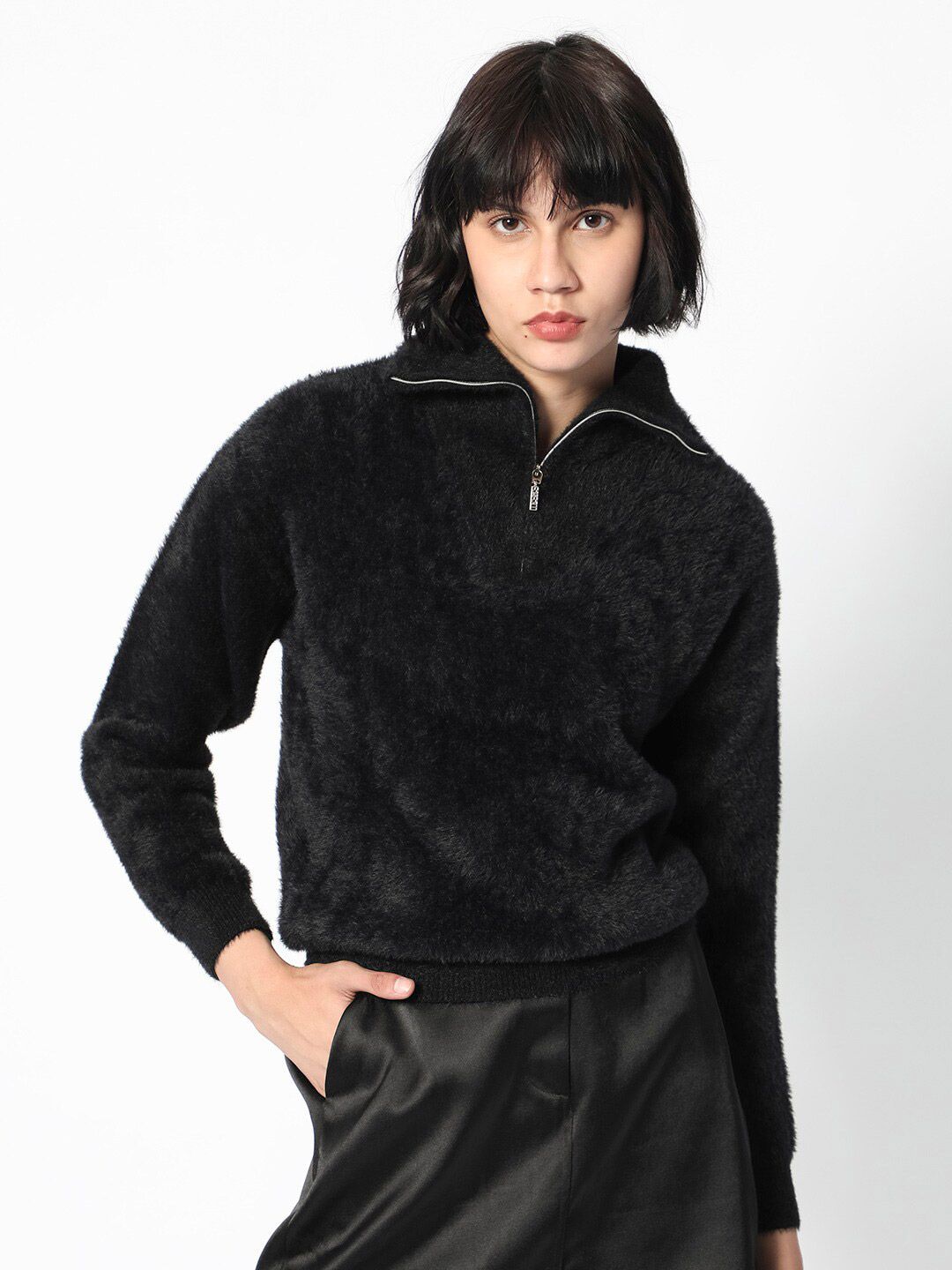 RAREISM Henley Neck Faux Fur Pullover