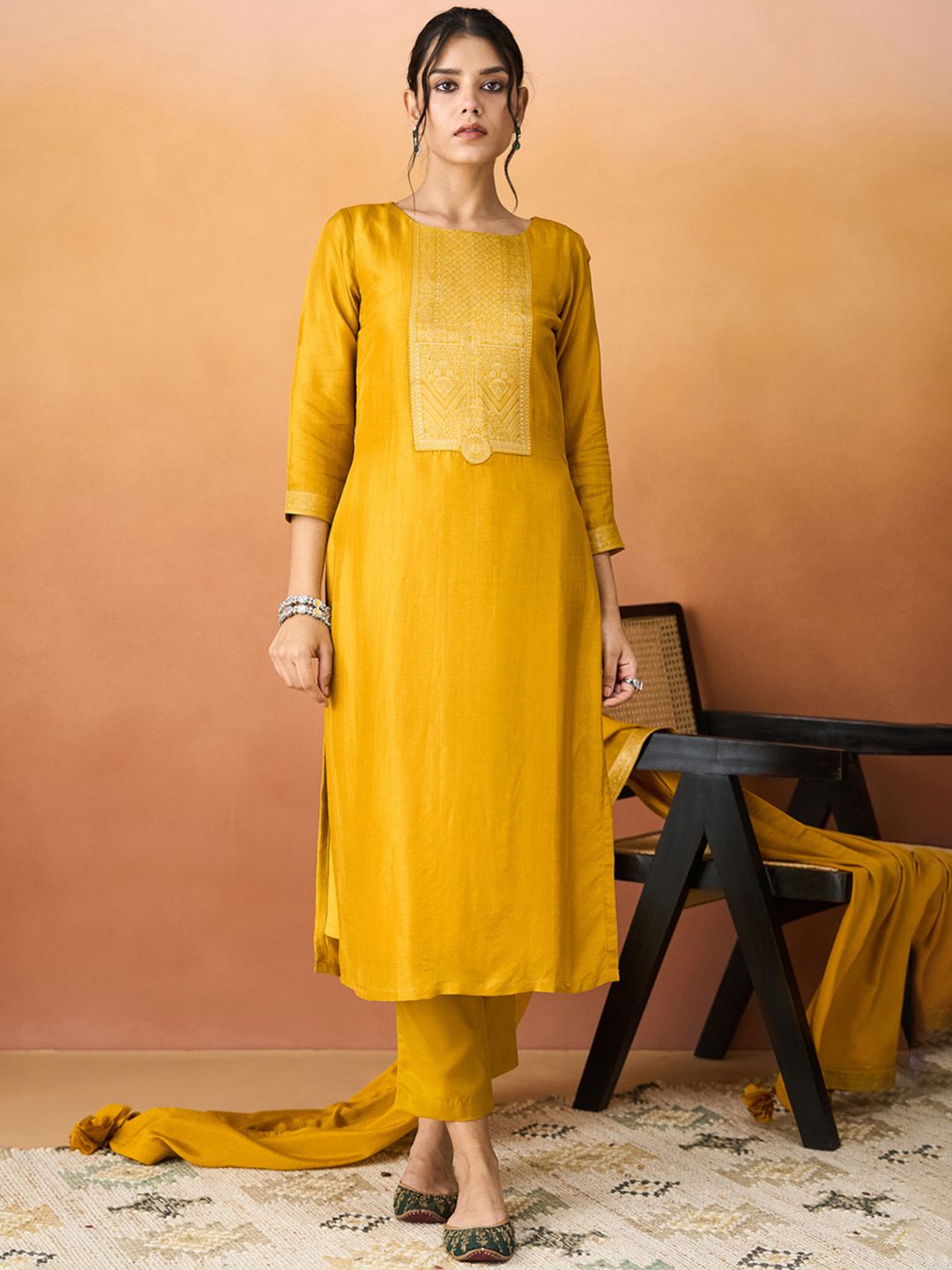 KALINI Ethnic Motifs Patch Work Straight Kurta With Trouser And Dupatta