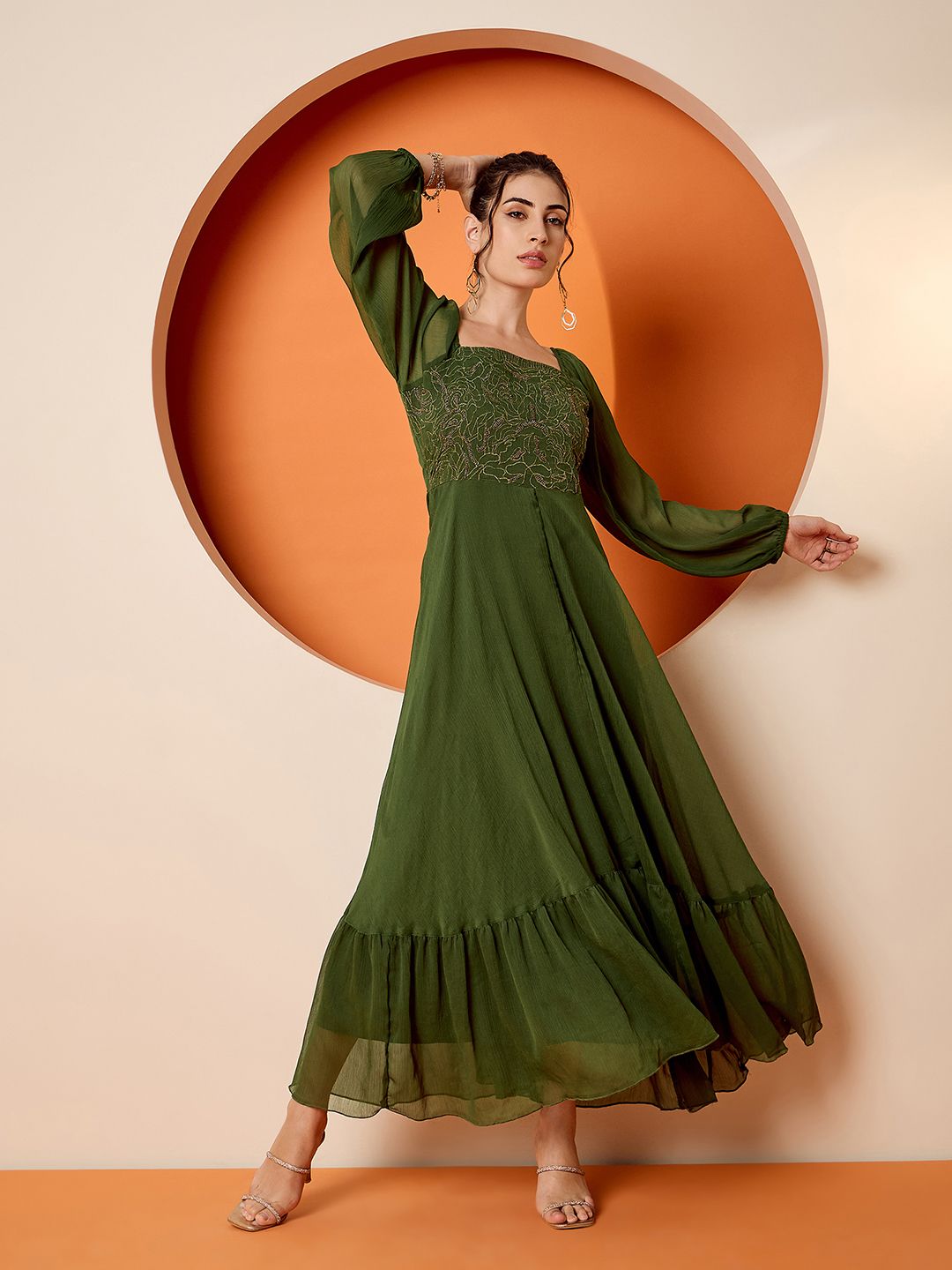 Antheaa women Square Neck Embellished maxi dress