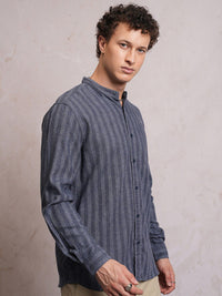 LOCOMOTIVE Men Blue Linen Blend Textured Striper Stand-Up Collar Regular Shirt