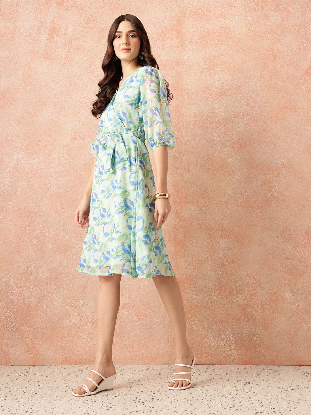 all about you Floral Print Puff Sleeves Wrap-Style A-Line Dress