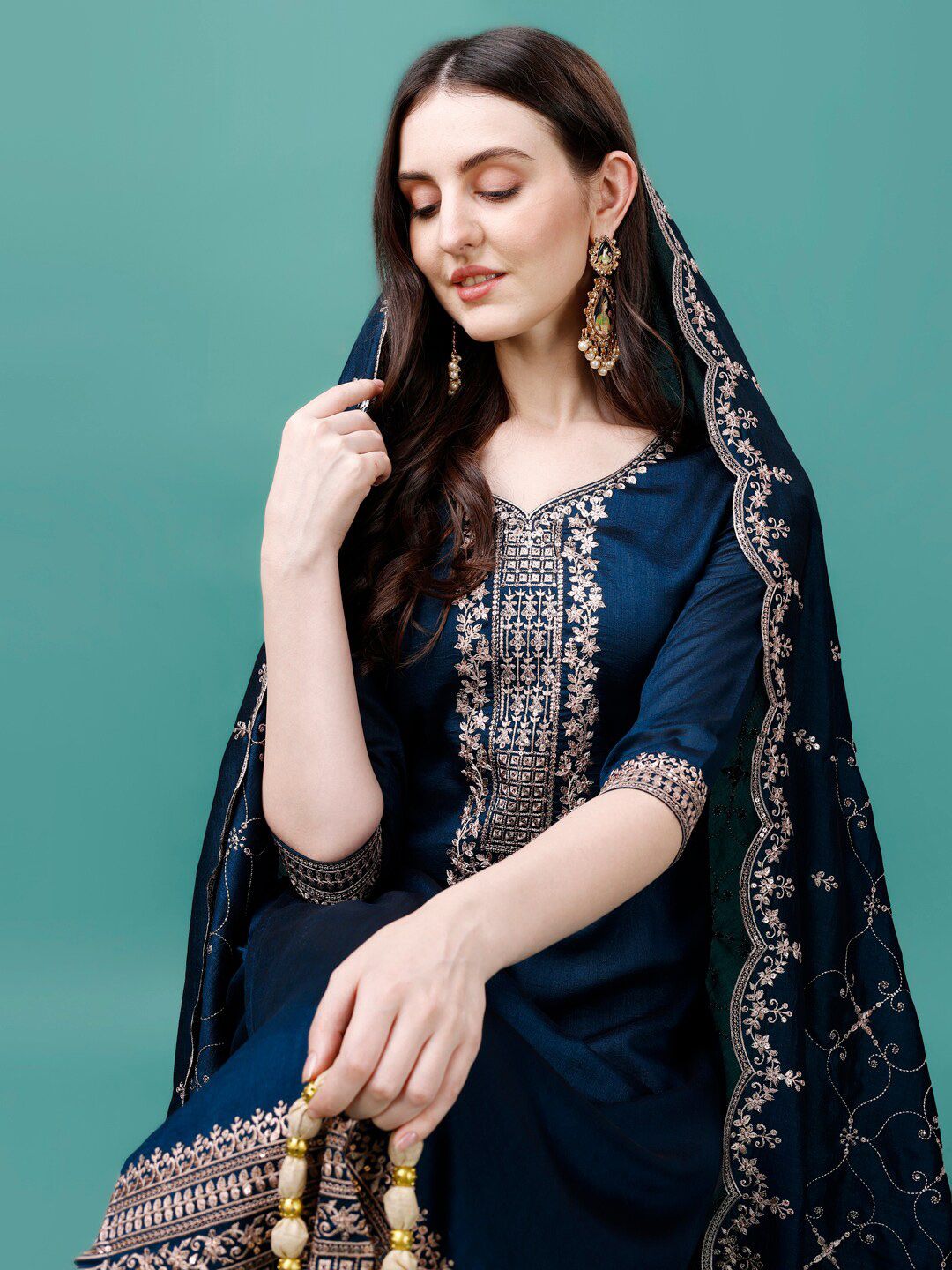 KALINI Ethnic Motifs Sequinned Embroidered V-Neck kurta With Pant & Dupatta