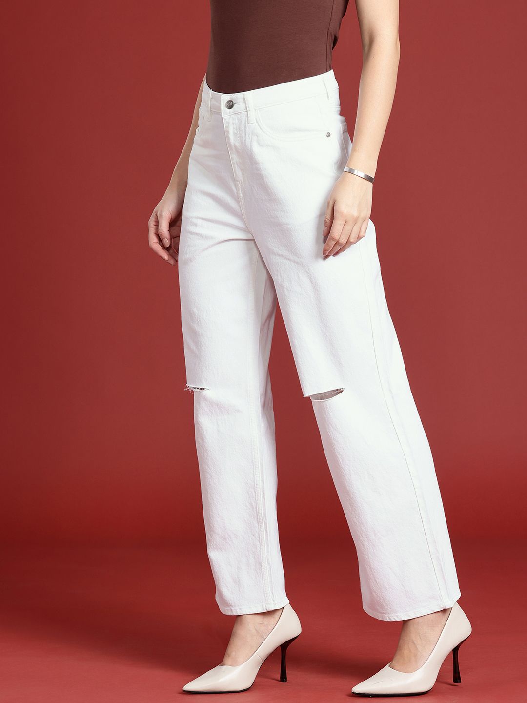 all about you Women Straight Fit High-Rise Slash Knee Stretchable Jeans