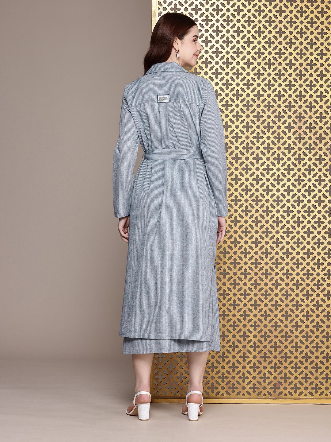 House of Pataudi Pure Cotton Striped A-Line Midi Jashn Dress With Overcoat