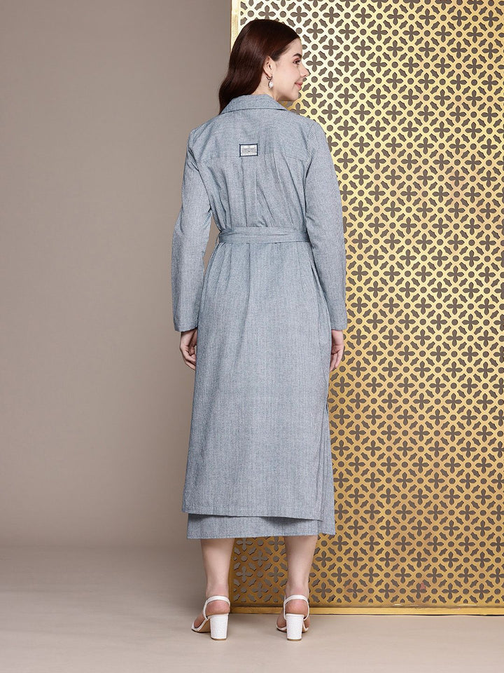 House of Pataudi Pure Cotton Striped A-Line Midi Jashn Dress With Overcoat