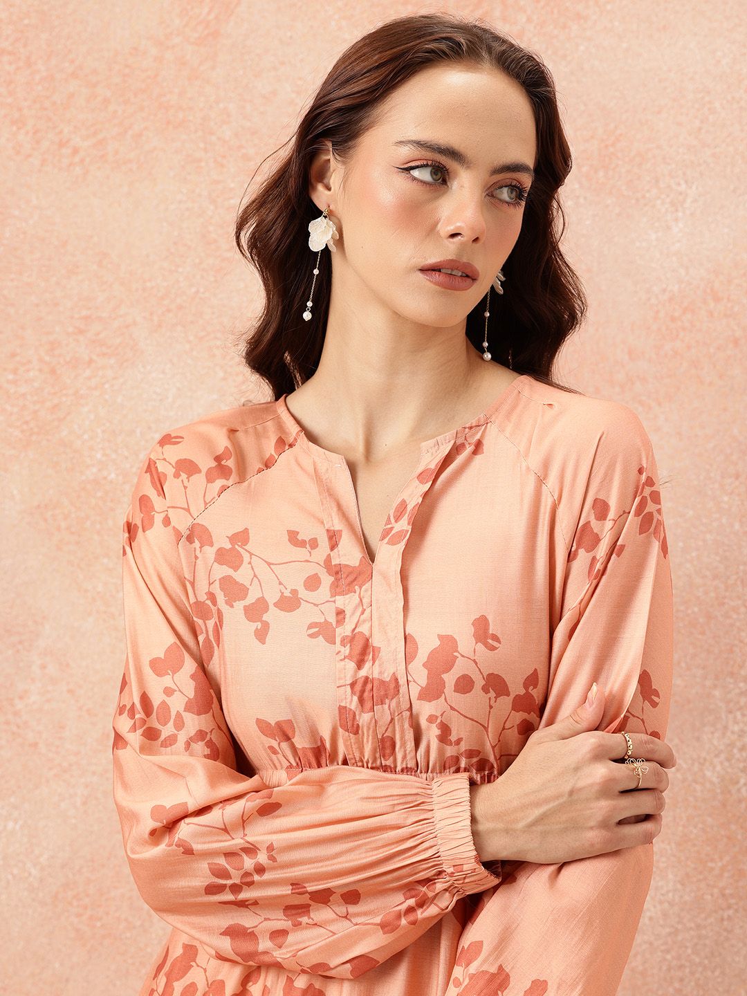 all about you Floral Printed Raglan Sleeves Midi Empire Dress