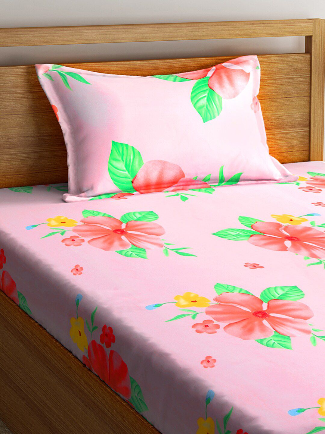KLOTTHE Floral Pink Polycotton 210 TC Single Cadar Halus dengan Sarung Bantal-89 x 59 inci