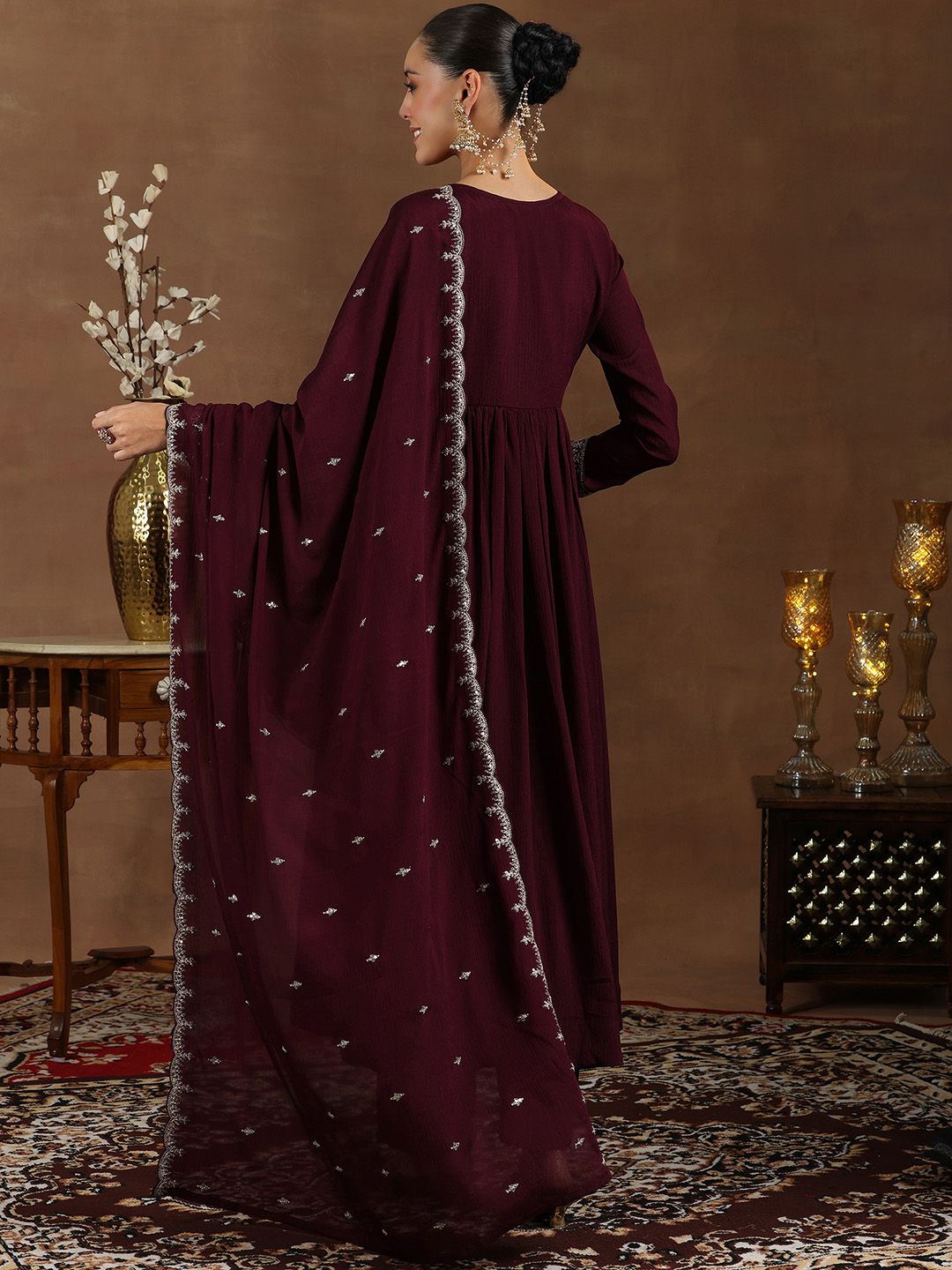 Libas Floral Yoke Design Pleated Sequinned A-Line Kurta With Trouser & Dupatta