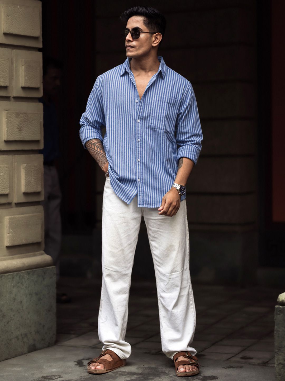 Powerlook Men Spread Collar Vertical Striped Cotton Casual Shirt