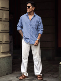 Powerlook Men Spread Collar Vertical Striped Cotton Casual Shirt