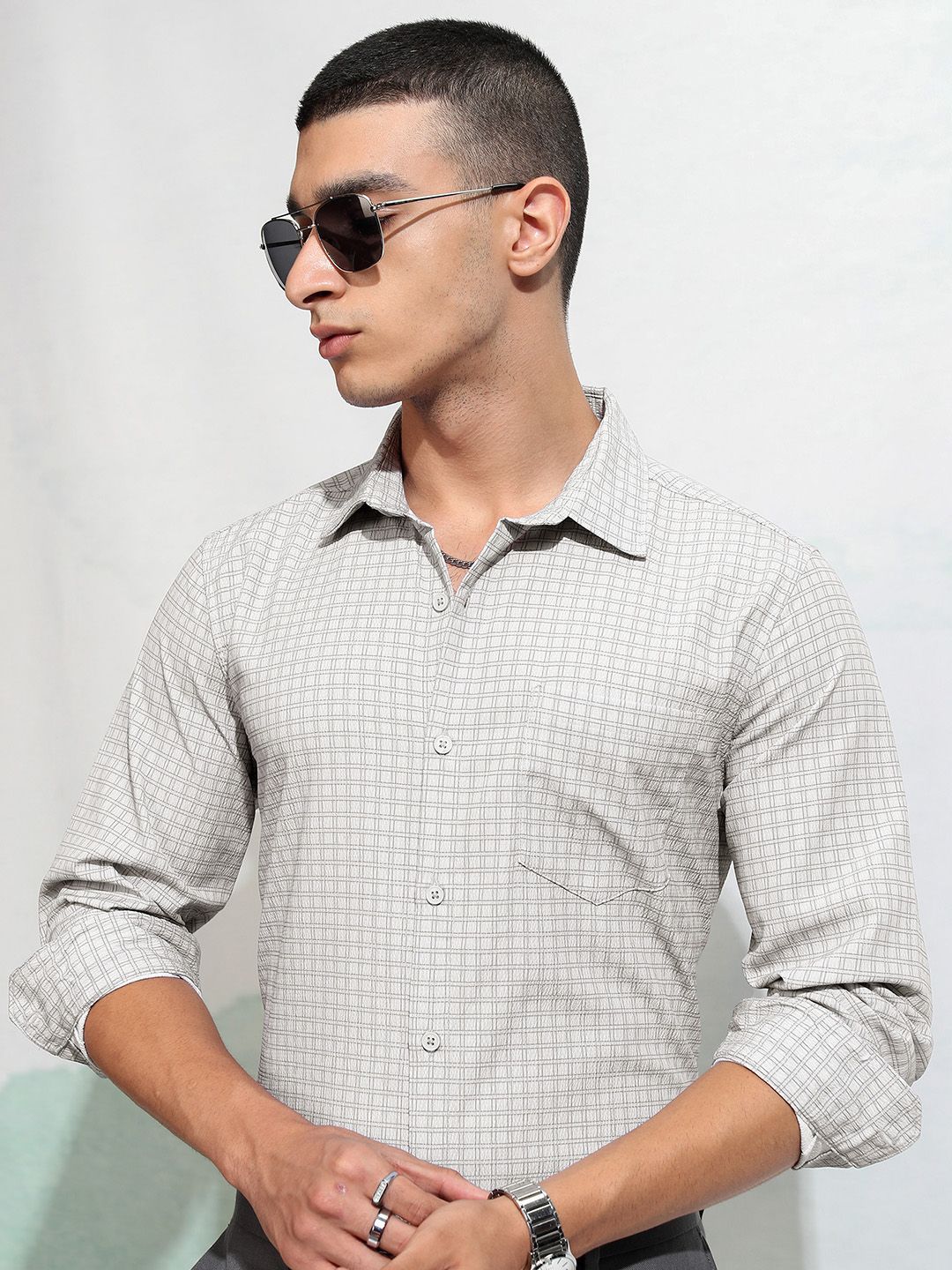 HIGHLANDER Men Popcorn Textured Printed Checked Casual Shirt