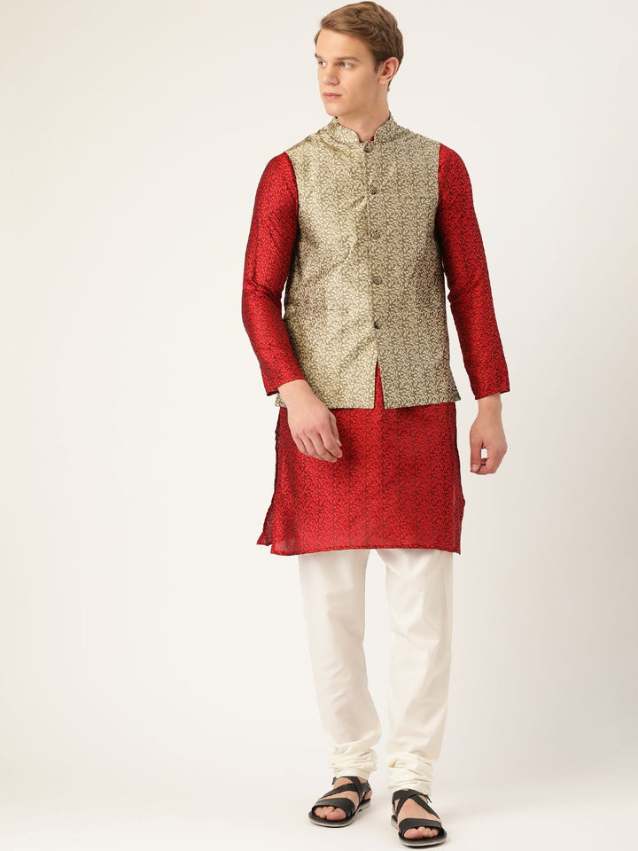 SOJANYA Men Maroon Ethnic Motifs Kurta with Churidar & Nehru Jacket