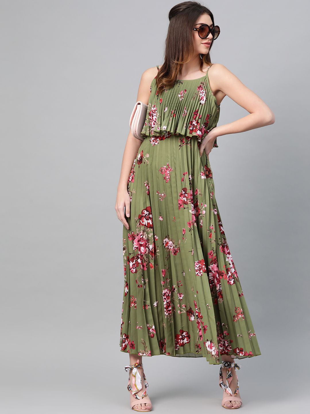 SASSAFRAS Olive Green & Pink Accordion Pleat Printed Maxi Dress