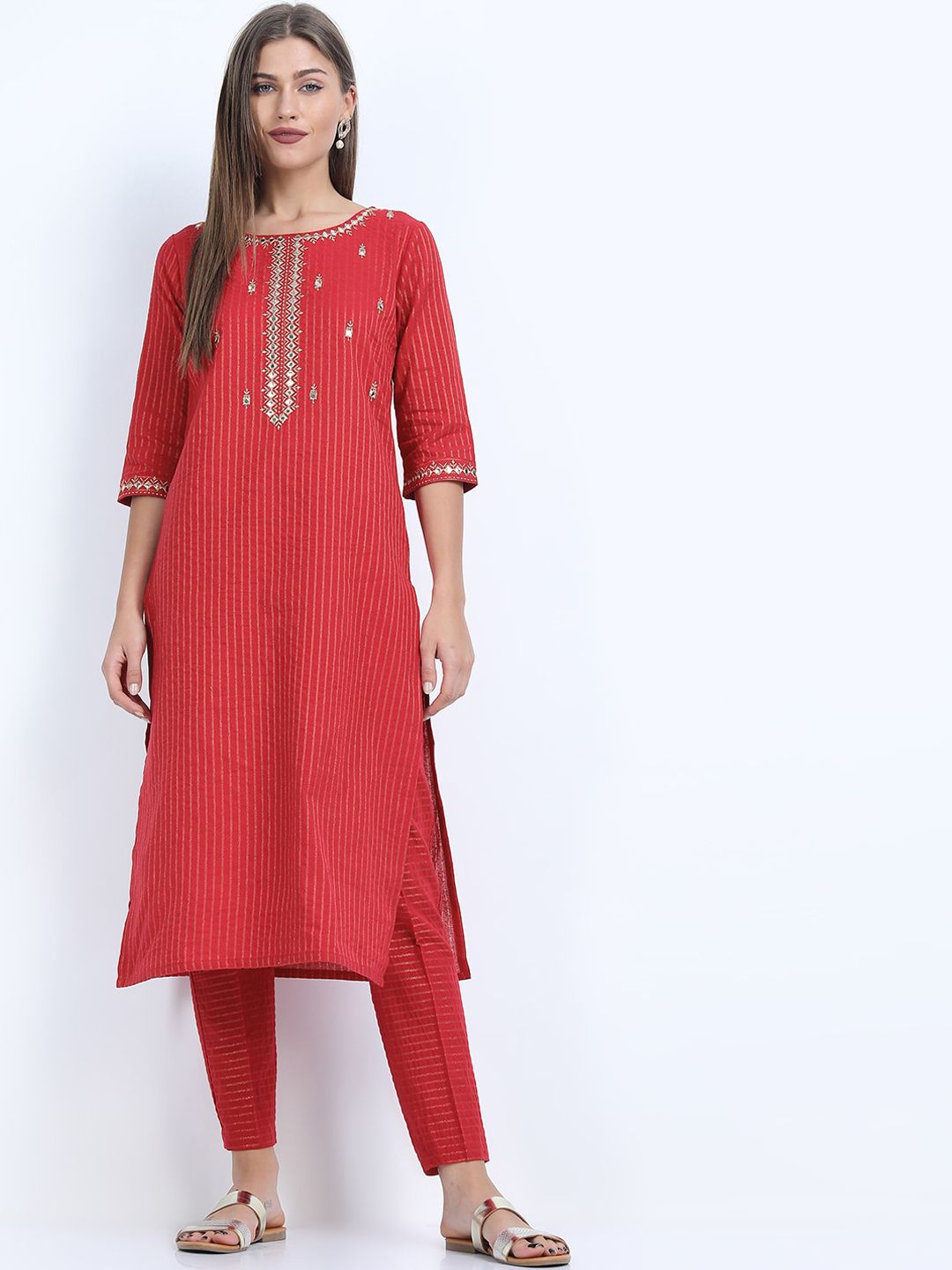 Vishudh Women Red Embroidered Pure Cotton Kurta with Trousers