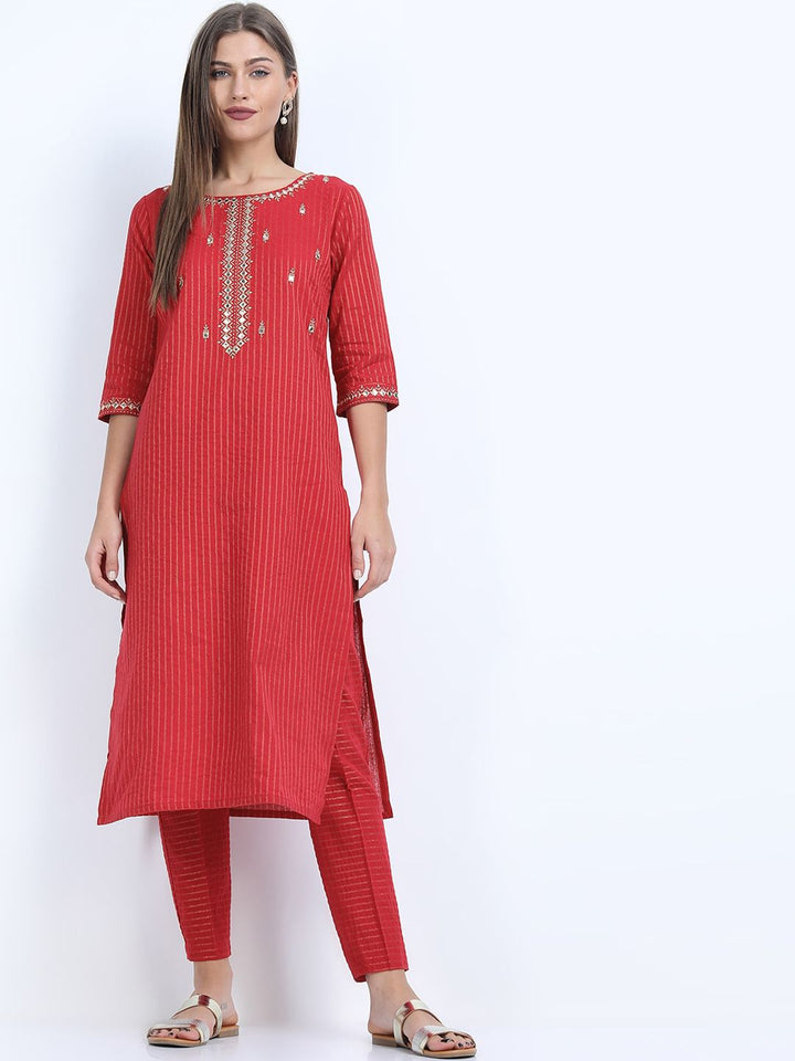 Vishudh Women Red Embroidered Pure Cotton Kurta with Trousers