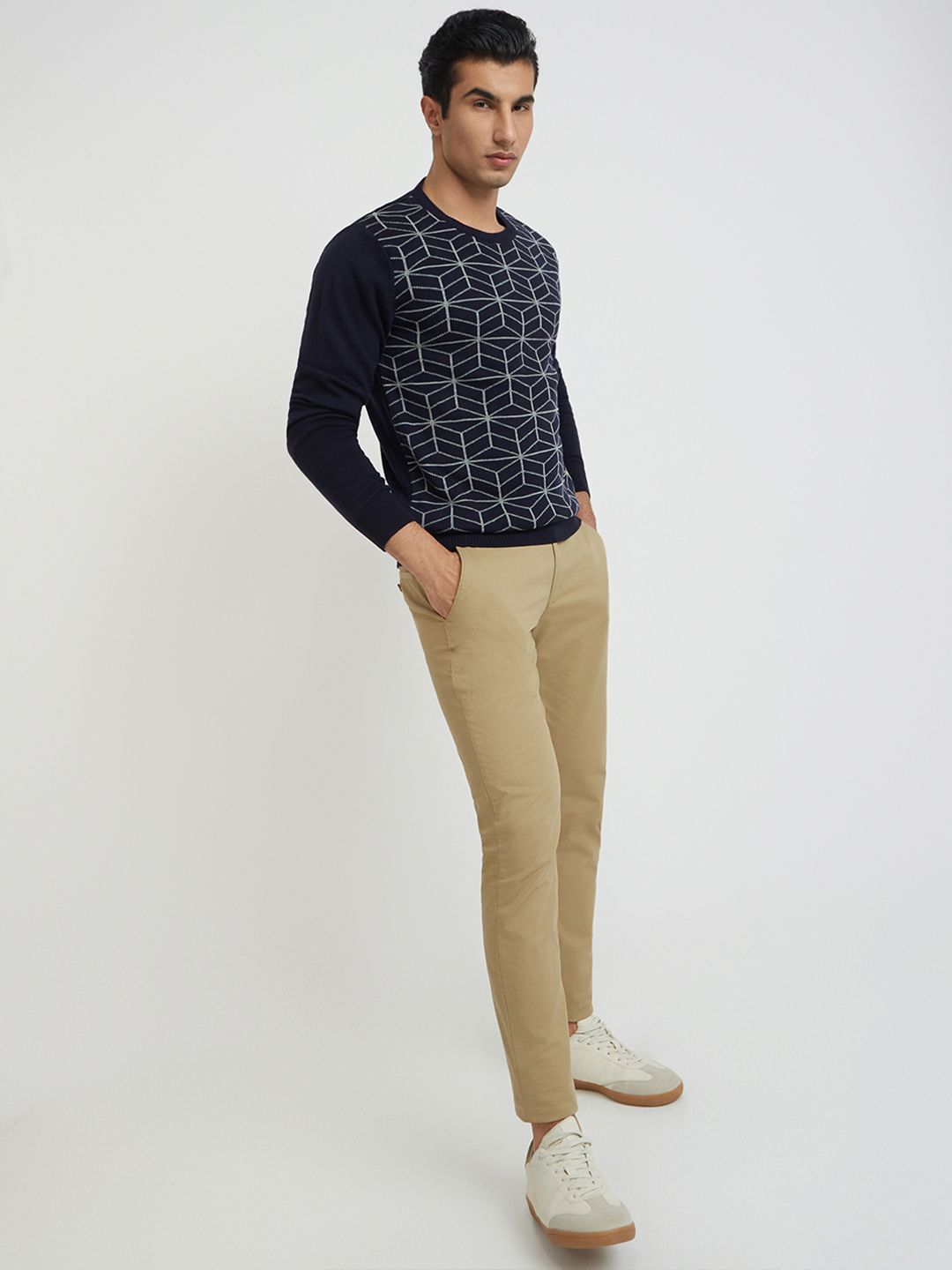 Raymond Men Navy Blue & Grey Geometric Woolen Pullover