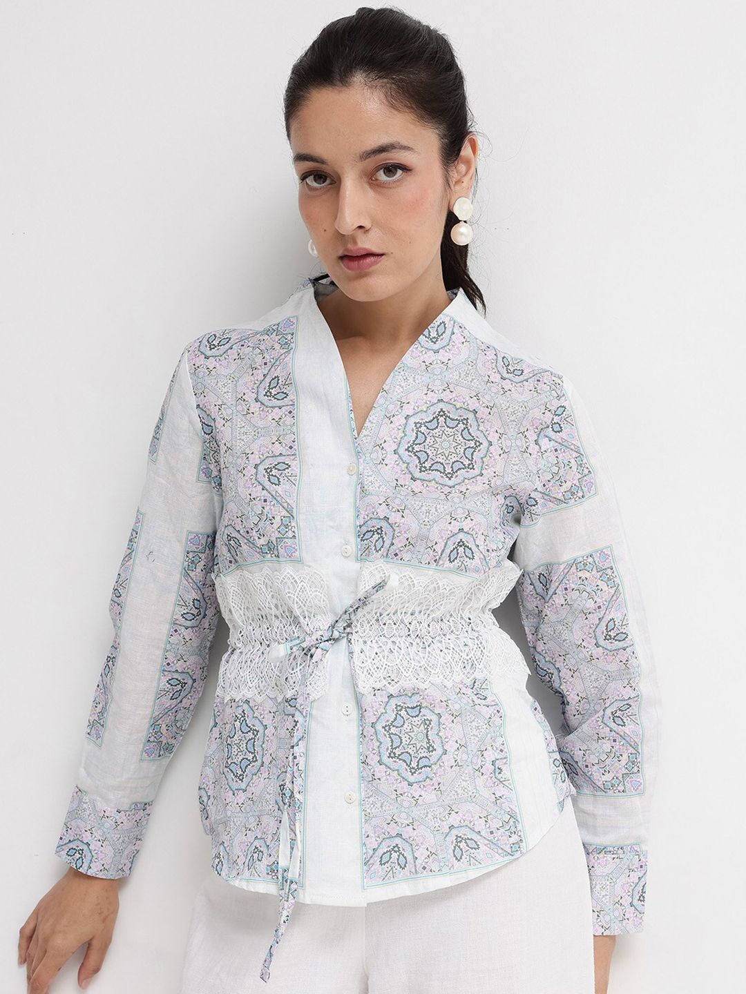 RAREISM Ethnic Motifs Printed Mandarin Collar Cotton Cinched Waist Top