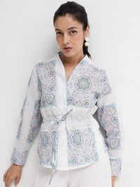 RAREISM Ethnic Motifs Printed Mandarin Collar Cotton Cinched Waist Top