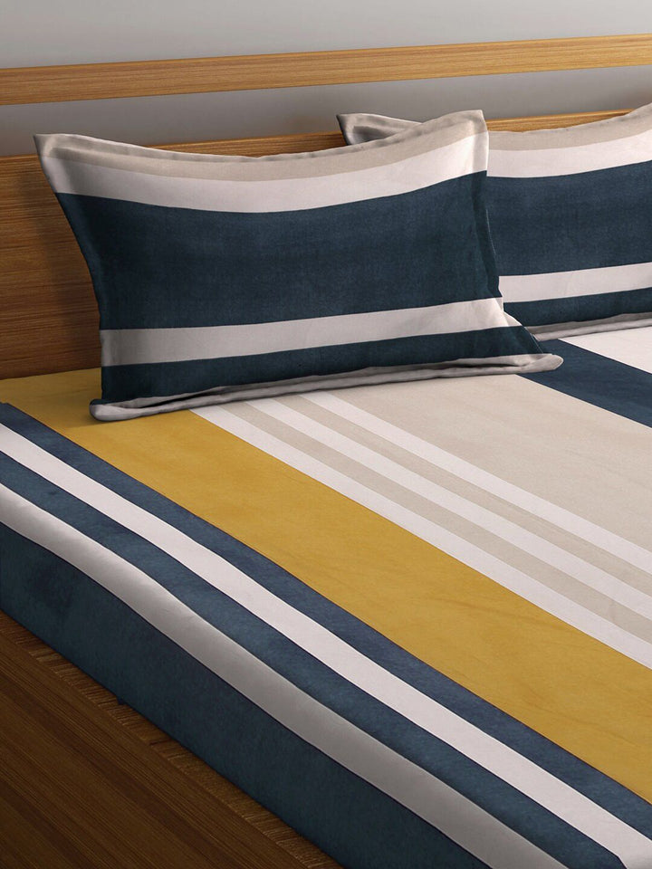 KLOTTHE Unisex Multi Striped 300 TC Fitted Super King Double Bedsheet with 2 Pillow covers