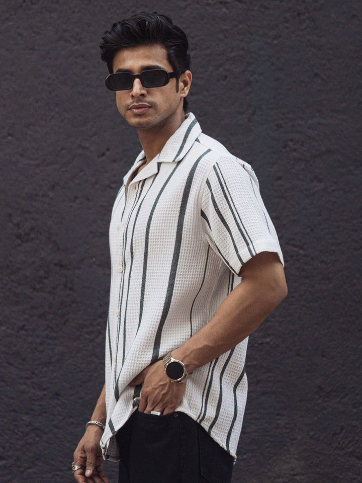 Powerlook Men Multi Stripes Opaque Striped Casual Shirt 02-1039020-S-White and Green