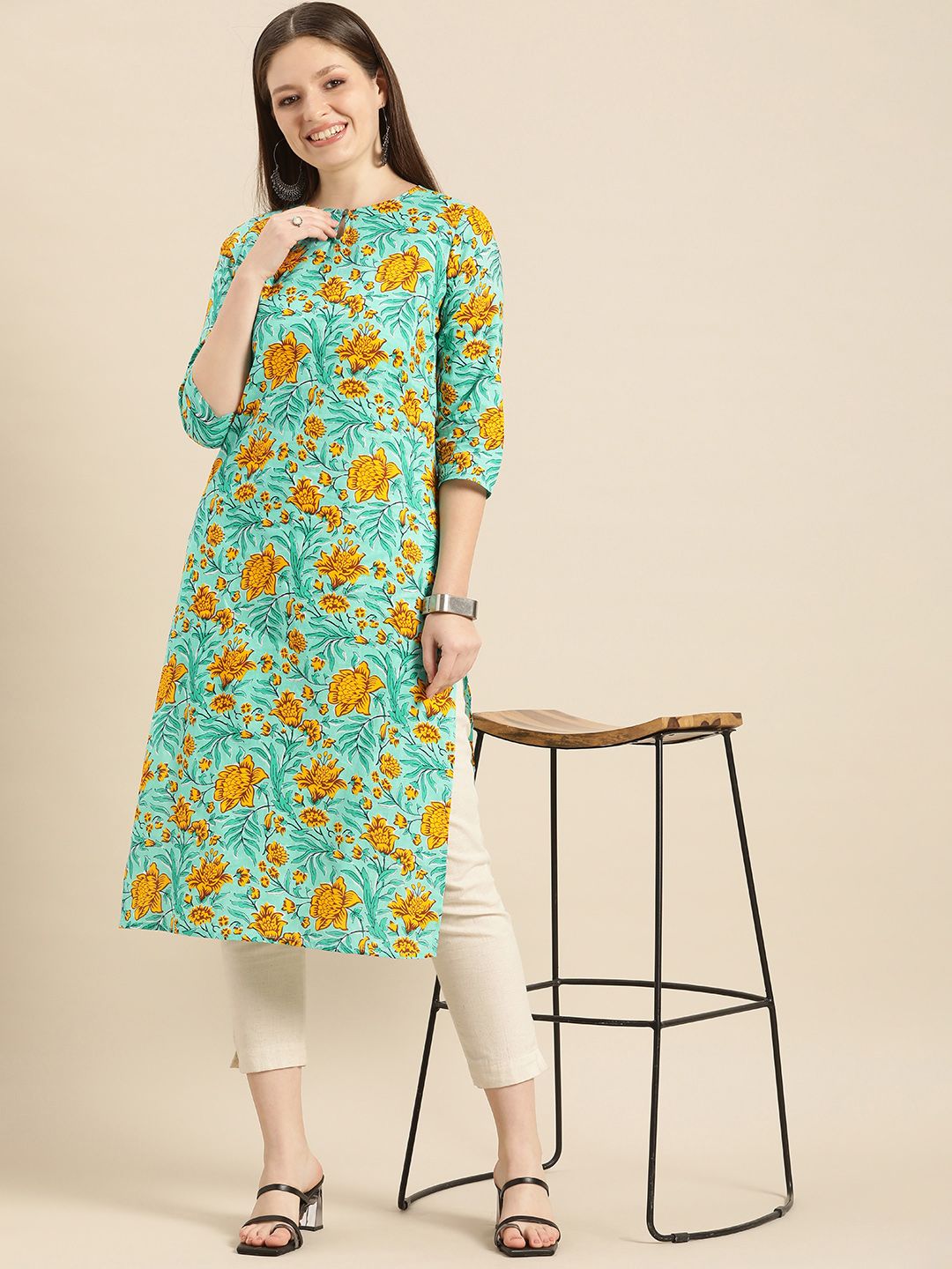 Anouk Women Sea Green & Yellow Floral Printed Keyhole Neck Pure Cotton Kurta