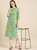 Anouk Women Sea Green & Yellow Floral Printed Keyhole Neck Pure Cotton Kurta