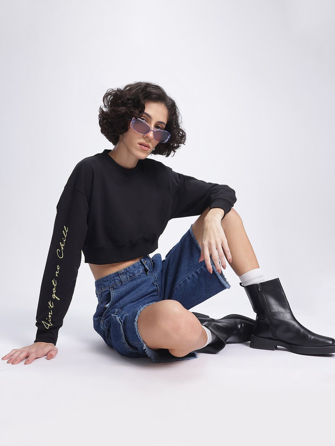 DressBerry Printed Sleeves Cropped Sweatshirt