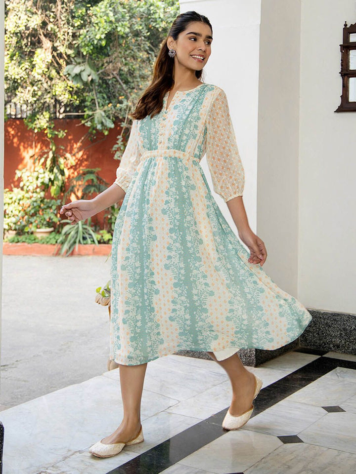 Janasya Dobby Georgette Floral Flared Dress