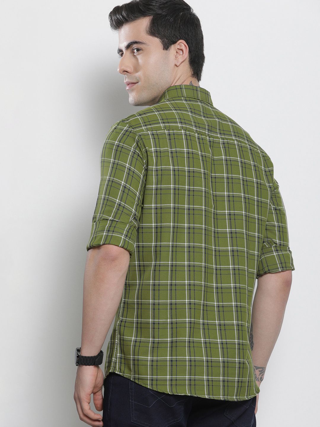 The Indian Garage Co Men Green & Beige Checked Pure Cotton Casual Shirt