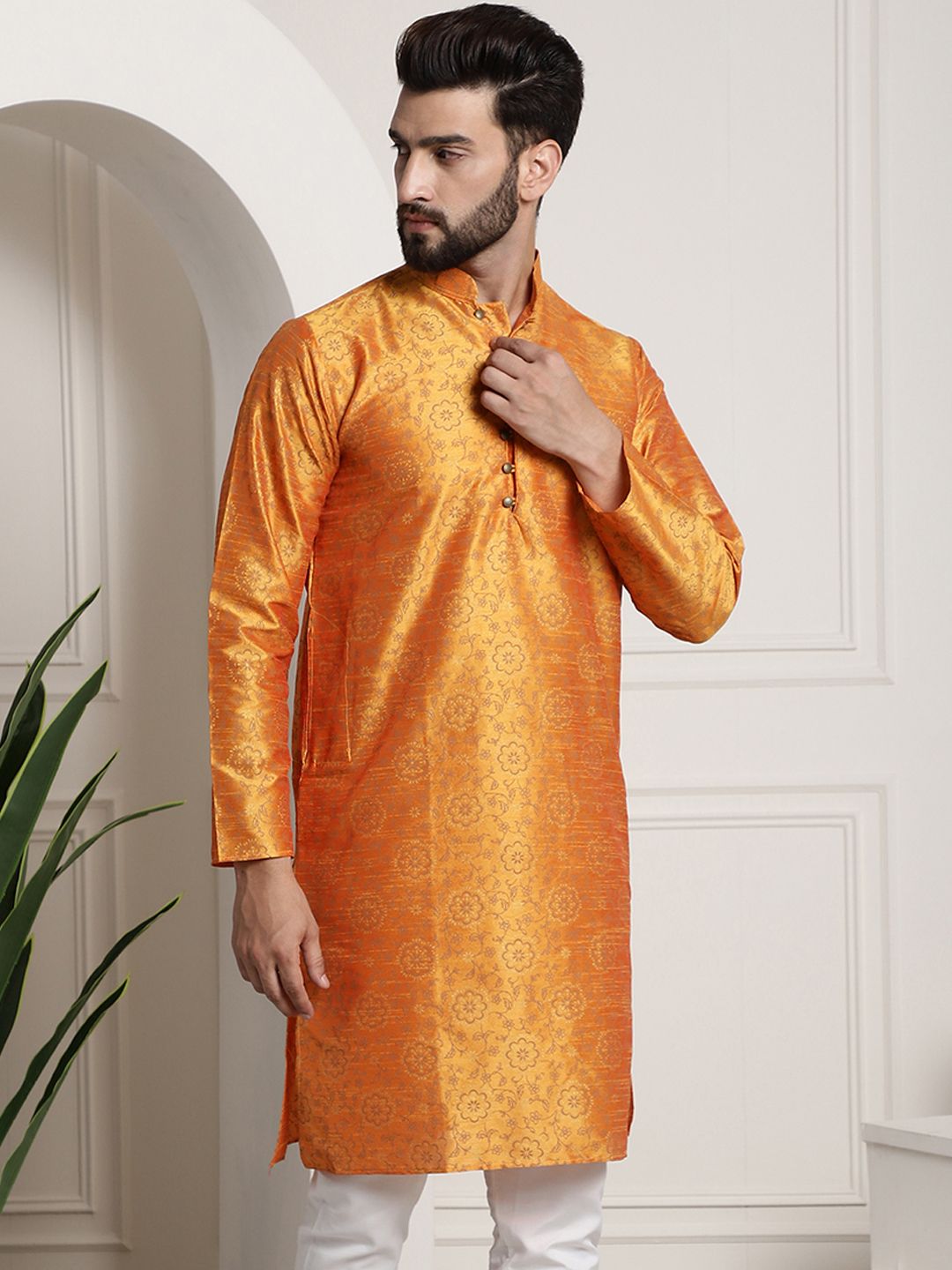 SOJANYA Men Orange & Brown Ethnic Motifs Printed Kurta