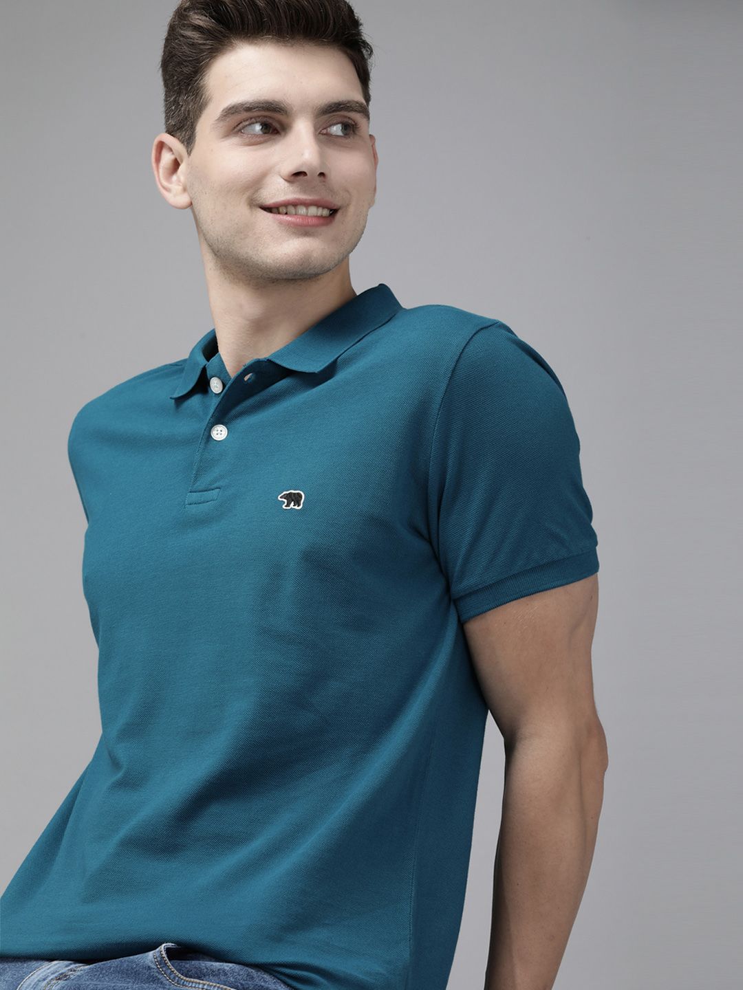 THE BEAR HOUSE Men Teal Blue Polo Collar Slim Fit Cotton Pure Cotton T-shirt