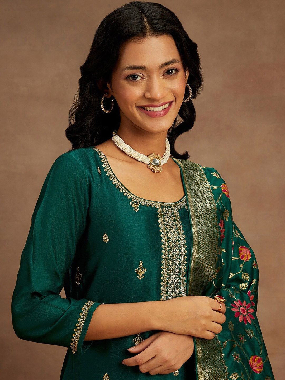 Libas Floral Embroidered Thread Work Kurta With Trousers & Dupatta