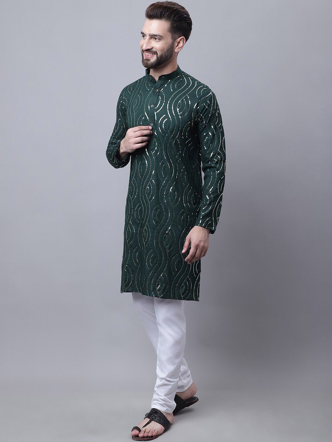SOJANYA Leheriya Embroidered Sequinned Pure Cotton Kurta With Churidar & Nehru Jacket