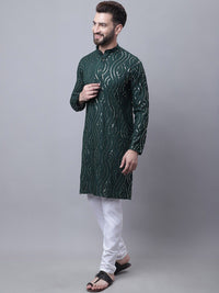 SOJANYA Leheriya Embroidered Sequinned Pure Cotton Kurta With Churidar & Nehru Jacket