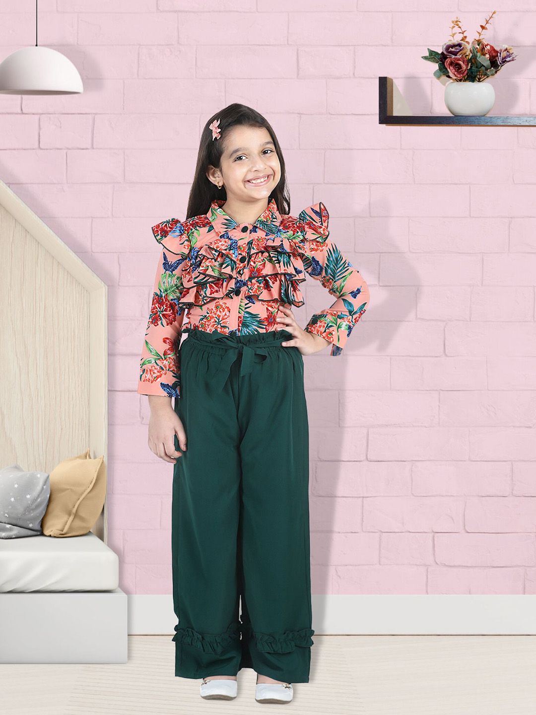 Cutiekins Girls Rust & Green Printed Top with Palazzos