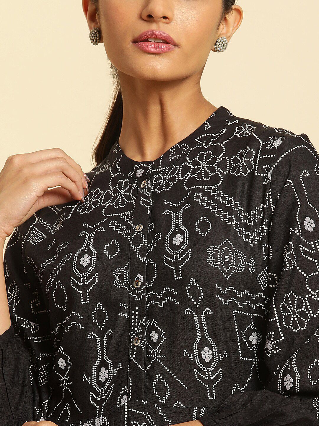 W Ethnic Motifs Printed Mandarin Collar Puff Sleeves Maxi Dress