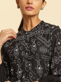 W Ethnic Motifs Printed Mandarin Collar Puff Sleeves Maxi Dress