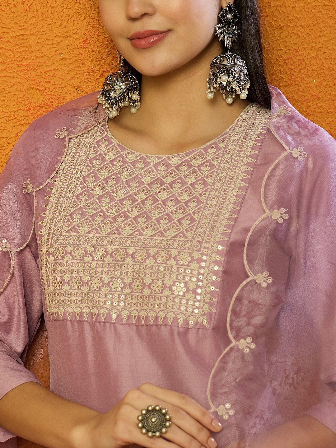 KALINI Yoke Design Regular Sequinned Straight Kurta with Trousers & Dupatta