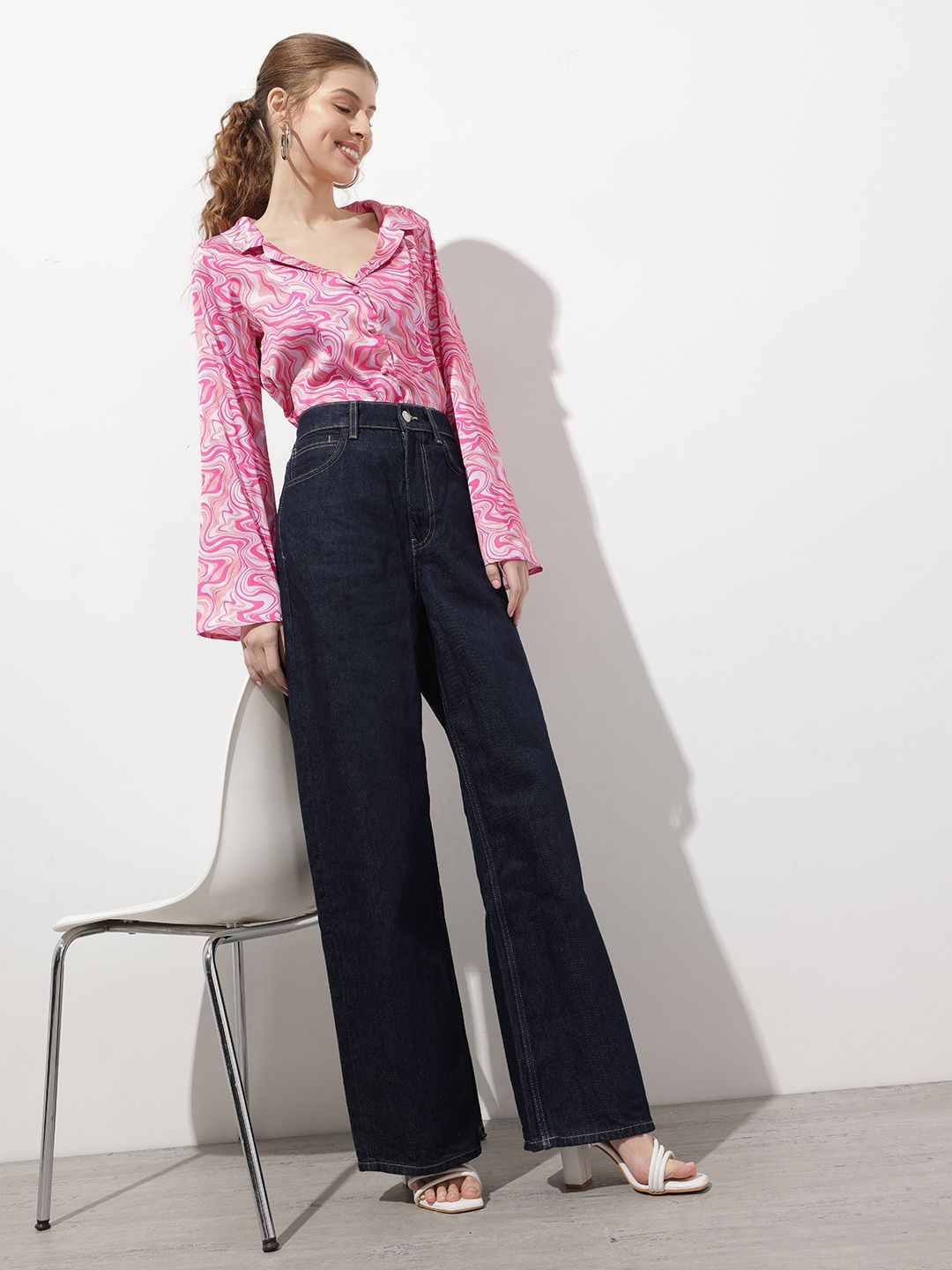 DressBerry Color-Pop Marble Mix Lapel Collar Shirt
