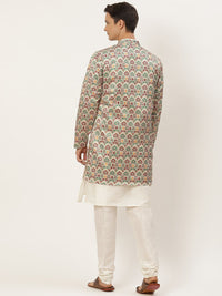 SOJANYA Men Off White & Maroon Ethnic Motifs Print Kurta & Churidar with Tailored Jacket