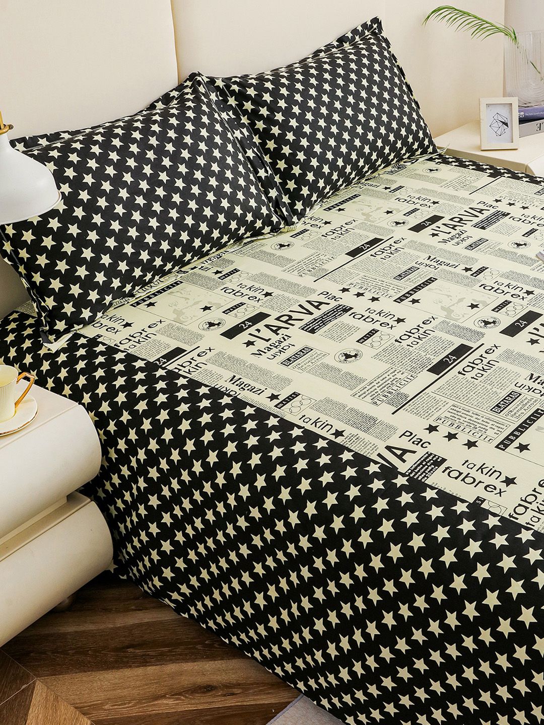Story@home White Black Cotton 210 TC 1 King Double Bedsheet with 2 Pillow Covers