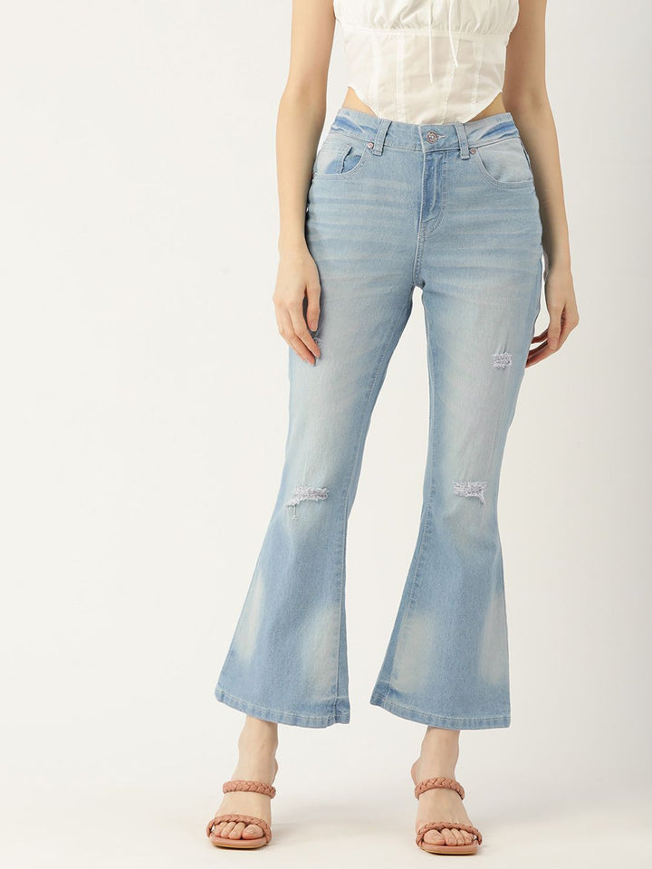DressBerry Women Blue Flared Mildly Distressed Heavy Fade Stretchable Jeans