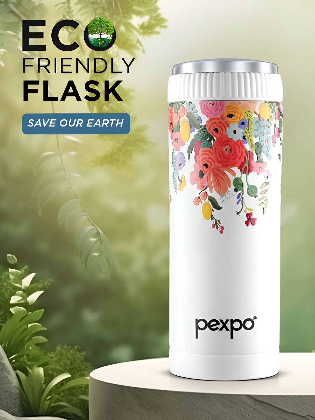 Pexpo White & Red Floral Printed Stainless Steel Double Wall Vacuum Water Bottle 500ML