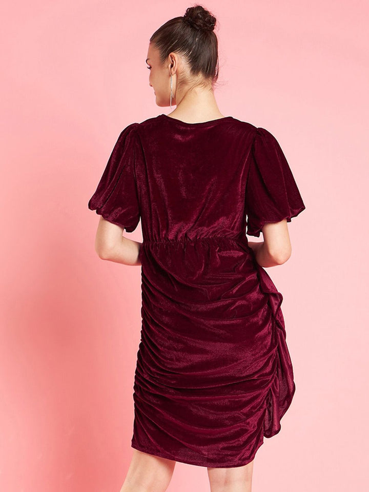 Antheaa Flutter Sleeve Velvet Sheath Party Dress