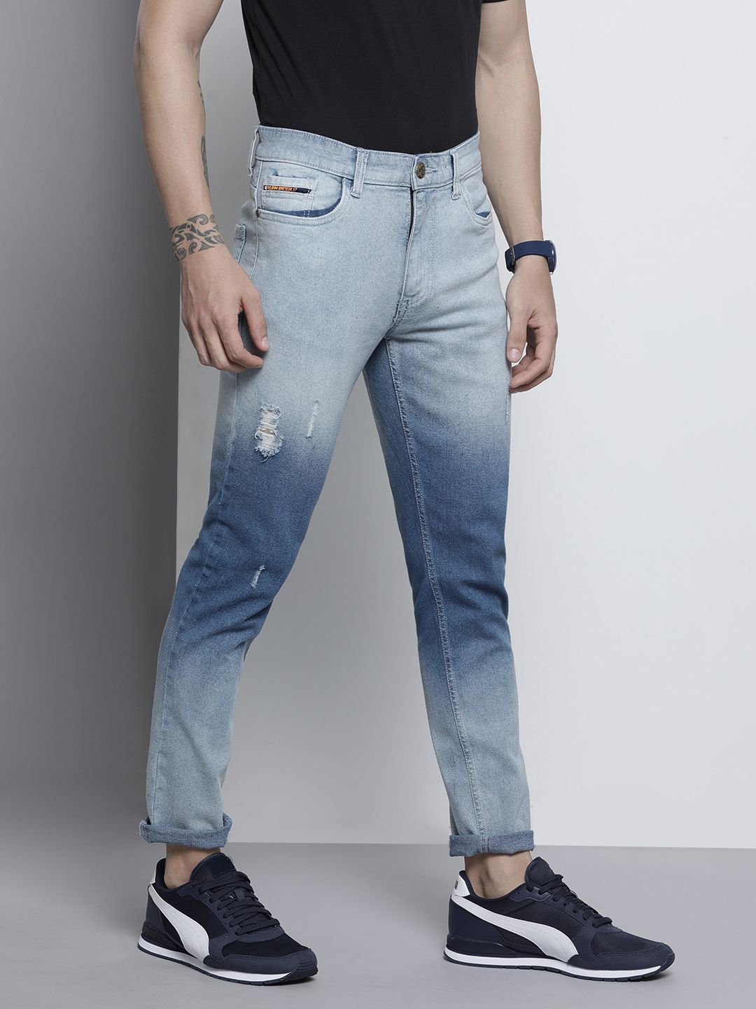 The Indian Garage Co Men Blue Slim Fit Mildly Distressed Ombre Stretchable Jeans