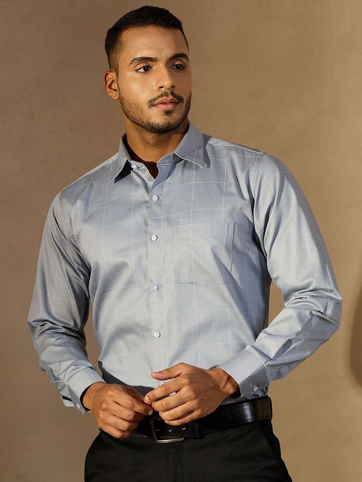 DENNISON Men Checked Spread Collar Long Slevees Cotton Formal Smart Shirt