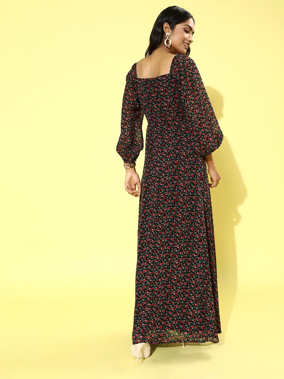 Berrylush Black & Red Floral Crepe Maxi Dress