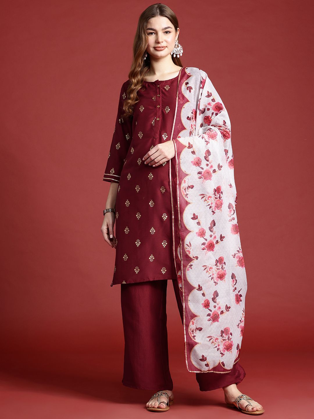 Anouk Gotta Patti Foil Print Regular Kurta with Palazzos & With Dupatta
