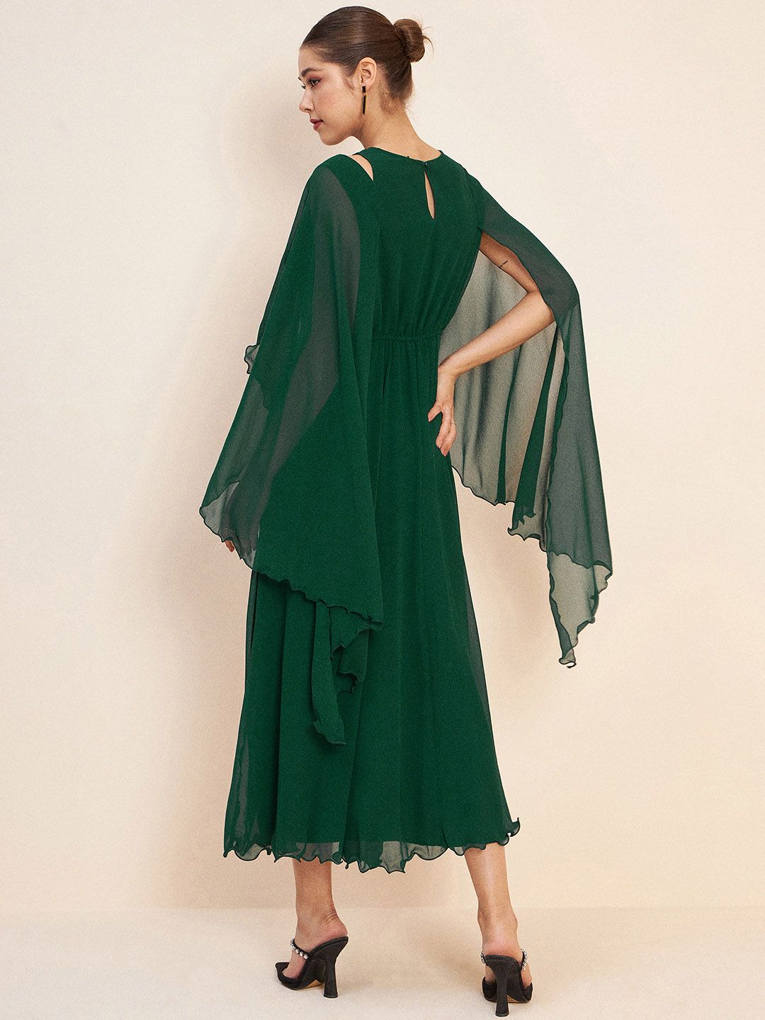 Antheaa Green Slit Sleeves Embellished Detail Maxi Dress