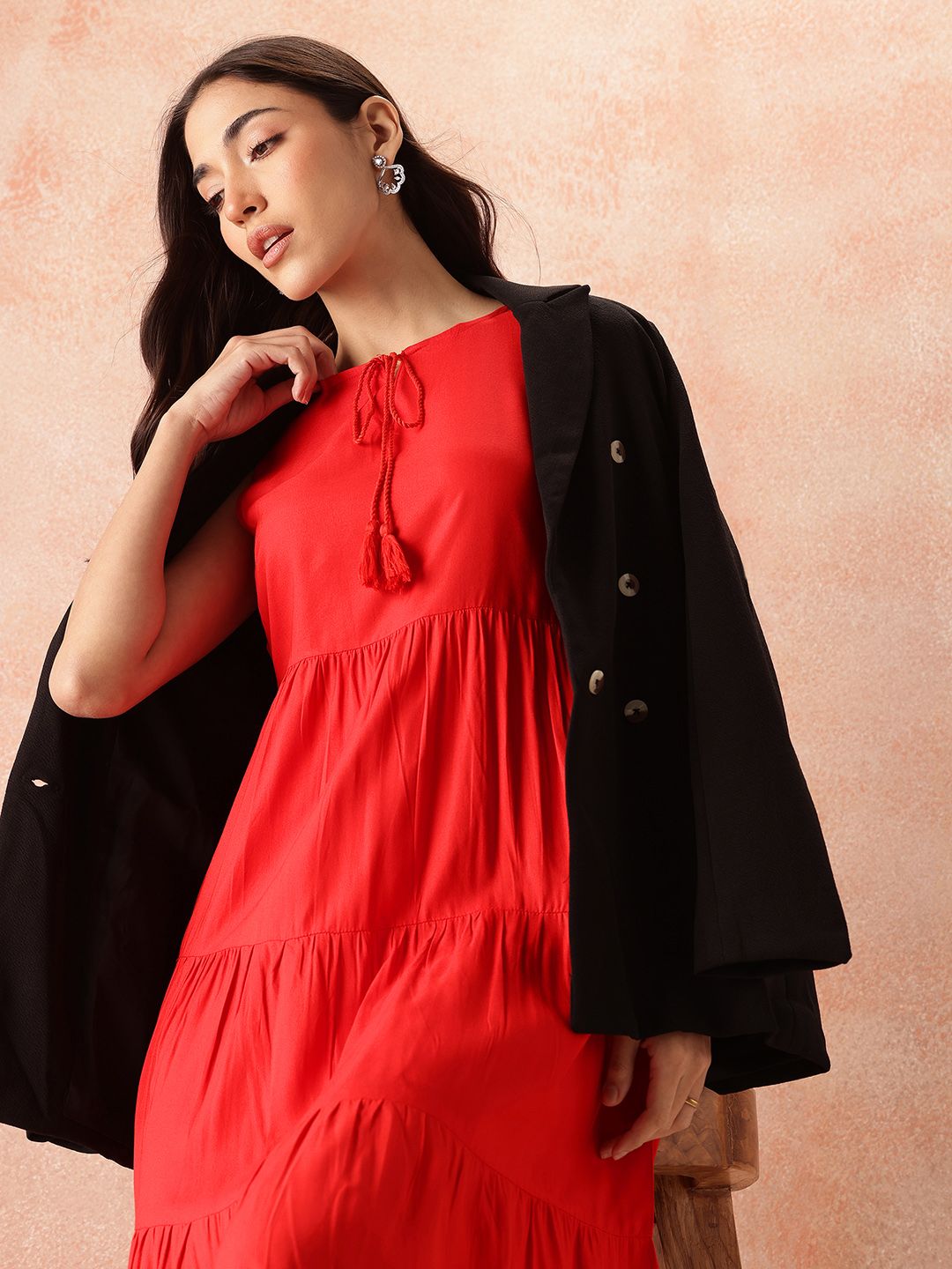 all about you Tie-Up Neck A-Line Tiered Midi Dress